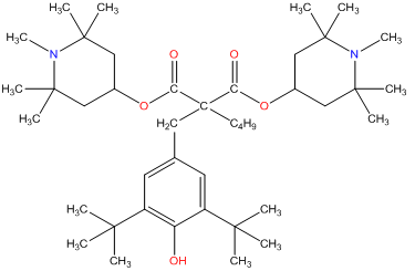 bis 1,2,2,6,6 pentamethyl 4 piperidinyl 3,5 bis 1,1 dimethylethyl 4 hydroxyphenyl methyl butylmalonate