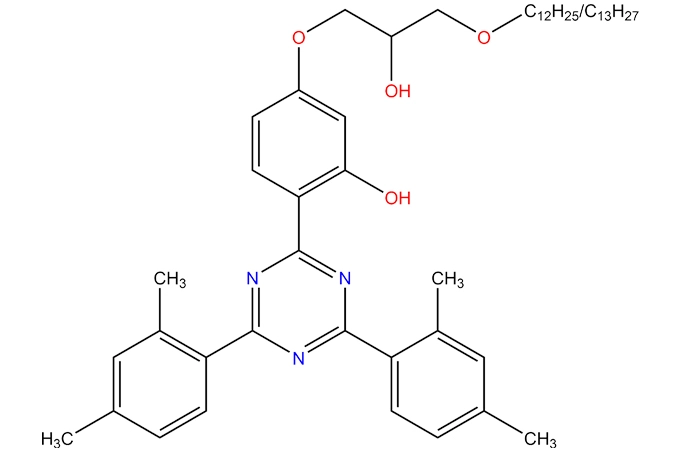 Reaction products of 2-(4,6-bis(2,4-dimethylphenyl)-1,3,5-triazin-2-yl)-5-hydroxyphenol with ((C10-16, rich in C12-13 alkyloxy)methyl)oxyrane